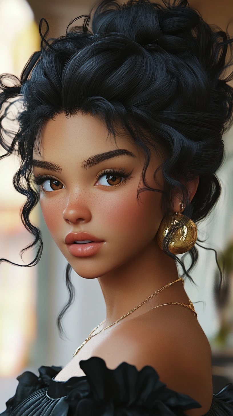 3D portrait of elegant woman with curly black hair