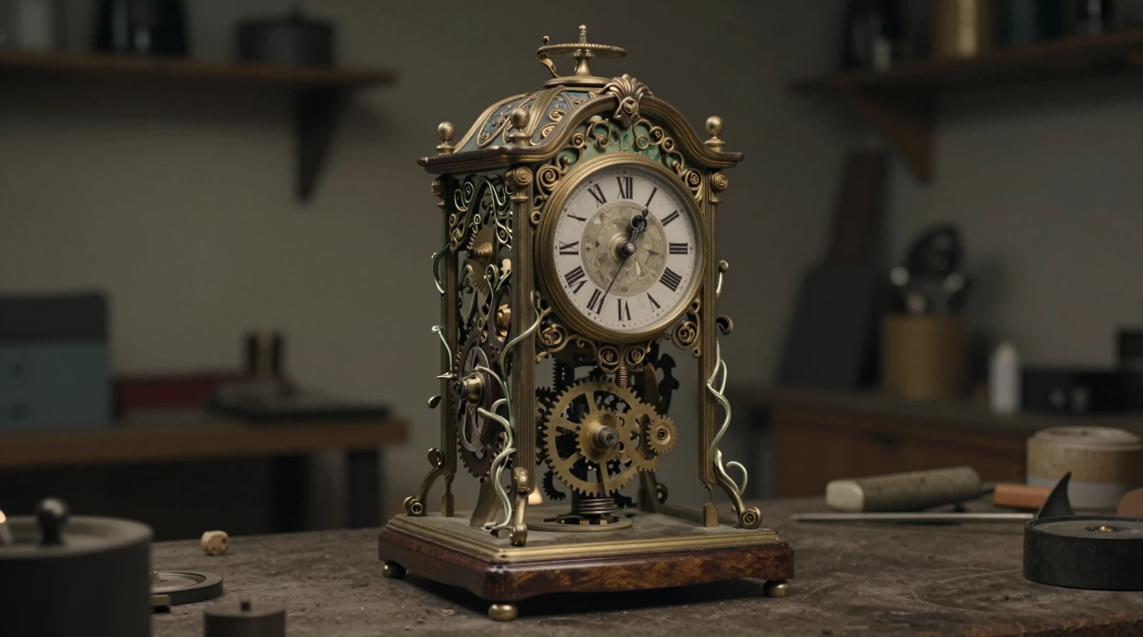 Automate à ressort art nouveau dans un atelier sombre