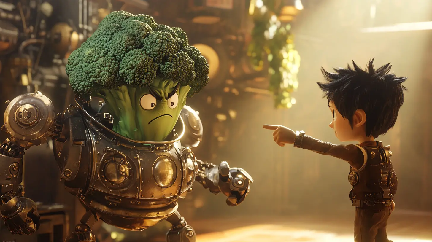 Steampunk Broccoli Soldier Facing Brave Mechanical Boy