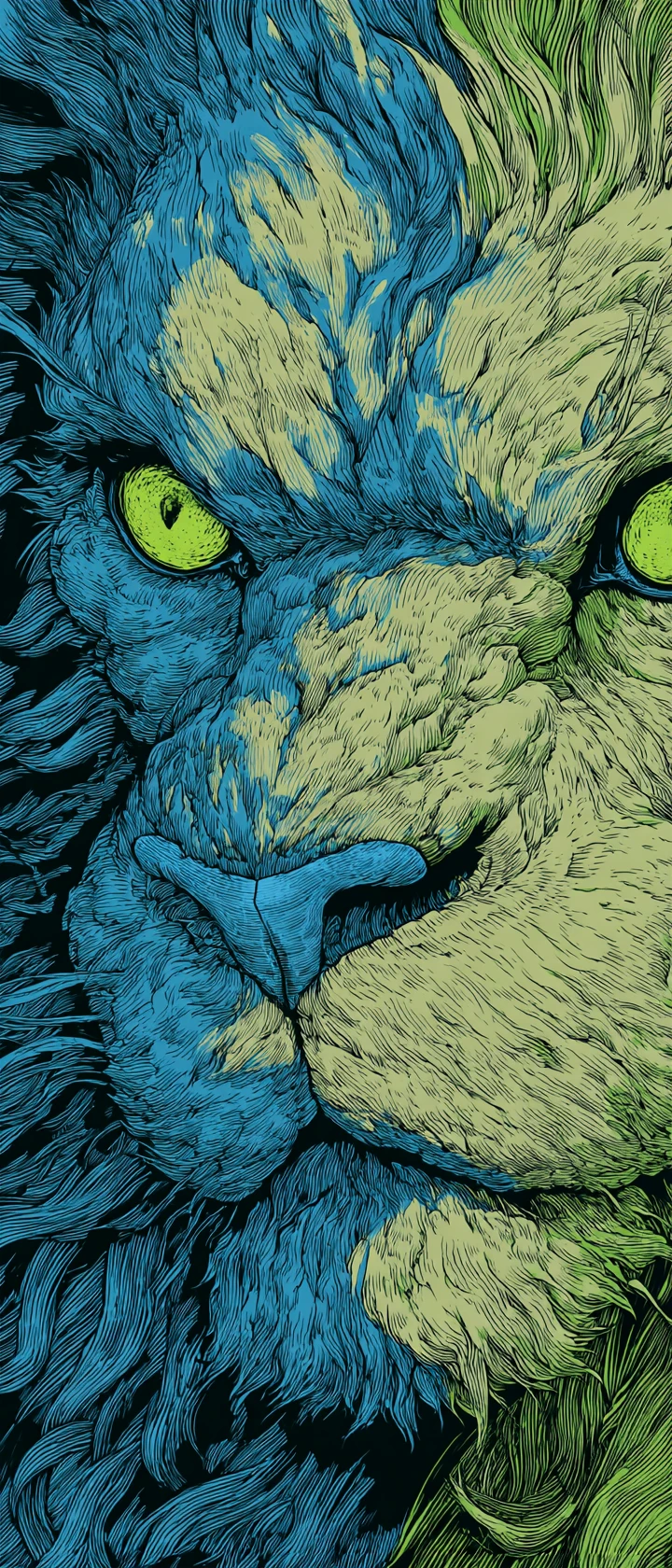León colorido estilo manga en tonos azul grisáceo y verde