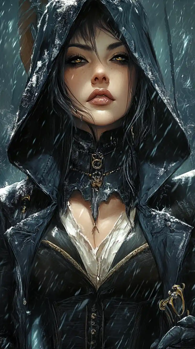 Vampire red riding hood in a misty steampunk street
