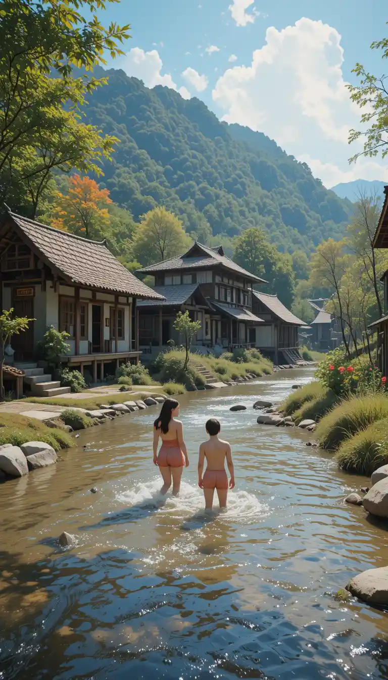 晴朗日子裡兩人站在清澈河水中