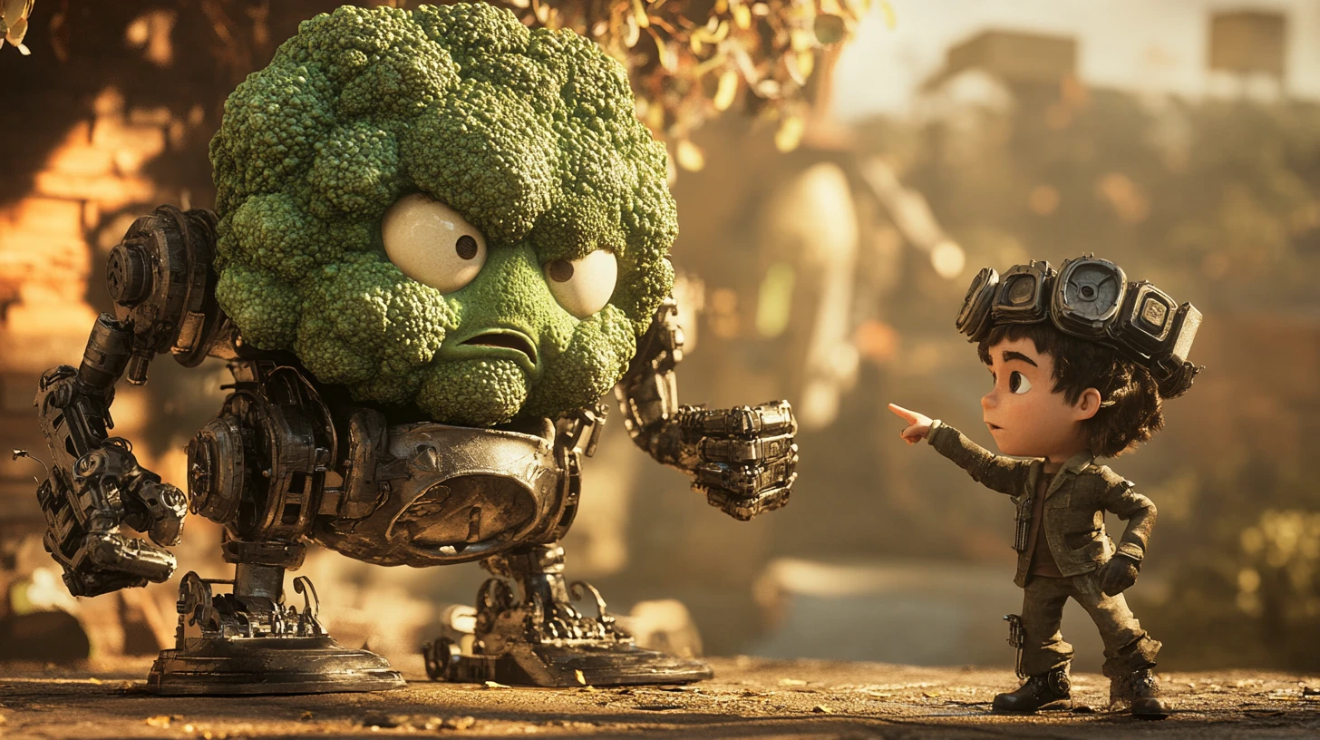 Soldat brocoli steampunk face à un courageux garçon mécanique