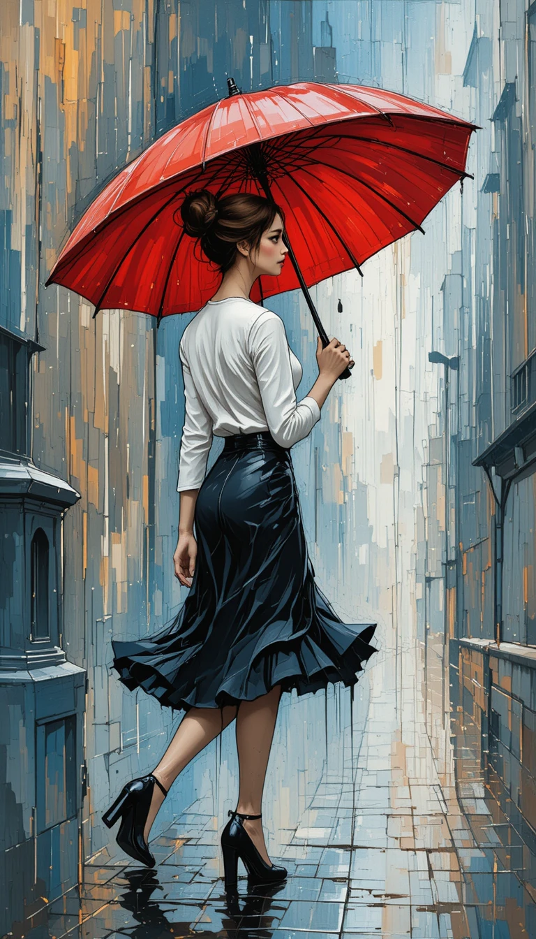 Elegant woman with red umbrella on rainy city street