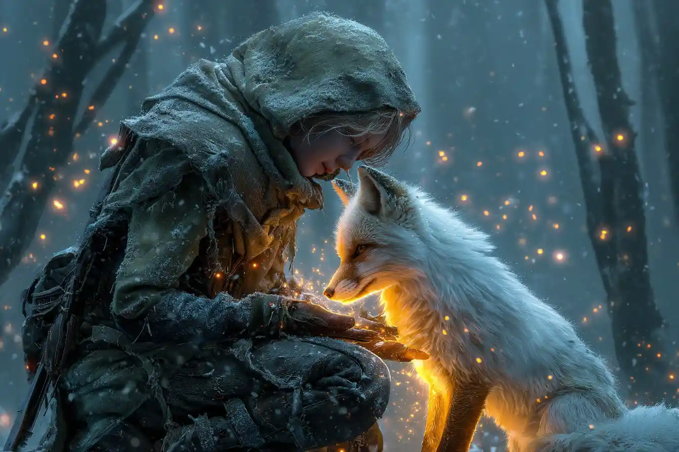 Mystical bond with glowing fox in snowy forest