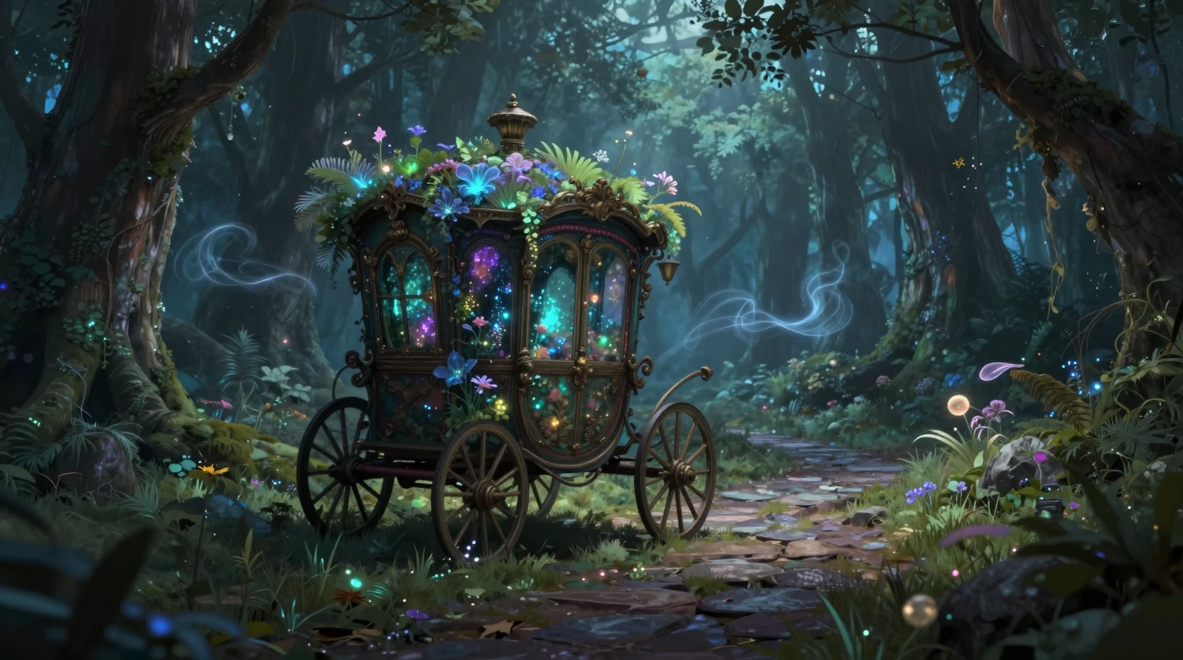 遺忘魔法森林小徑旁等待的幽靈馬車
