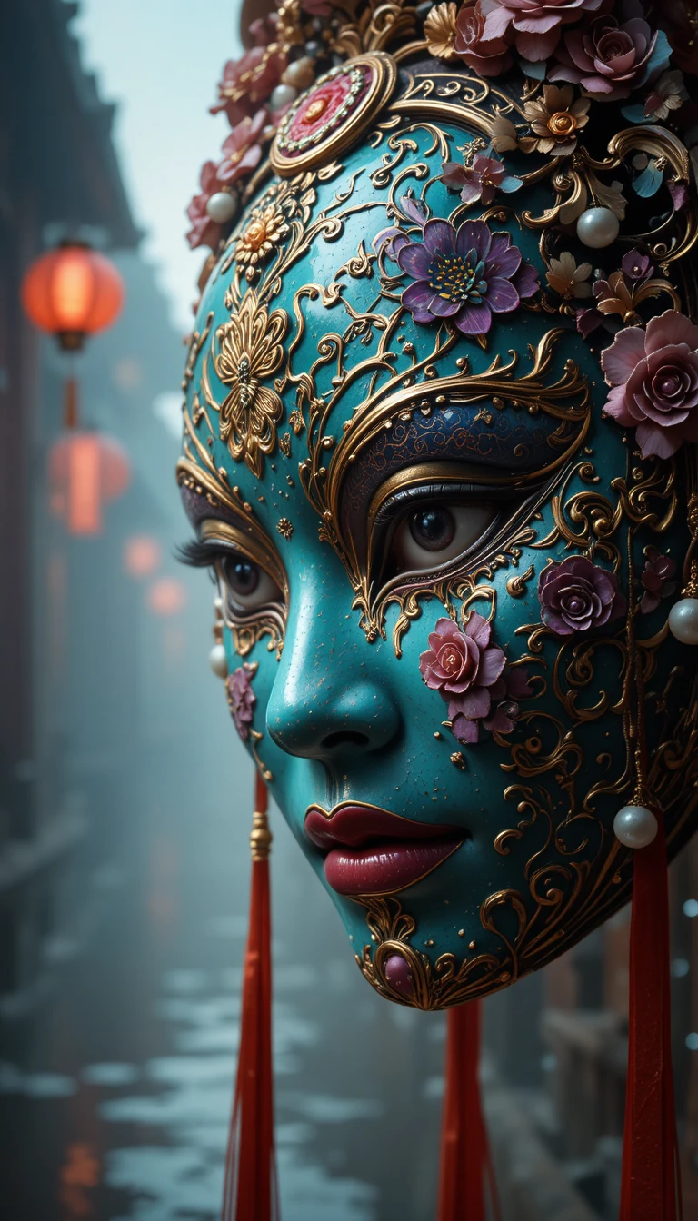 Máscara de ópera chinesa brilhando em um beco iluminado por lanternas
