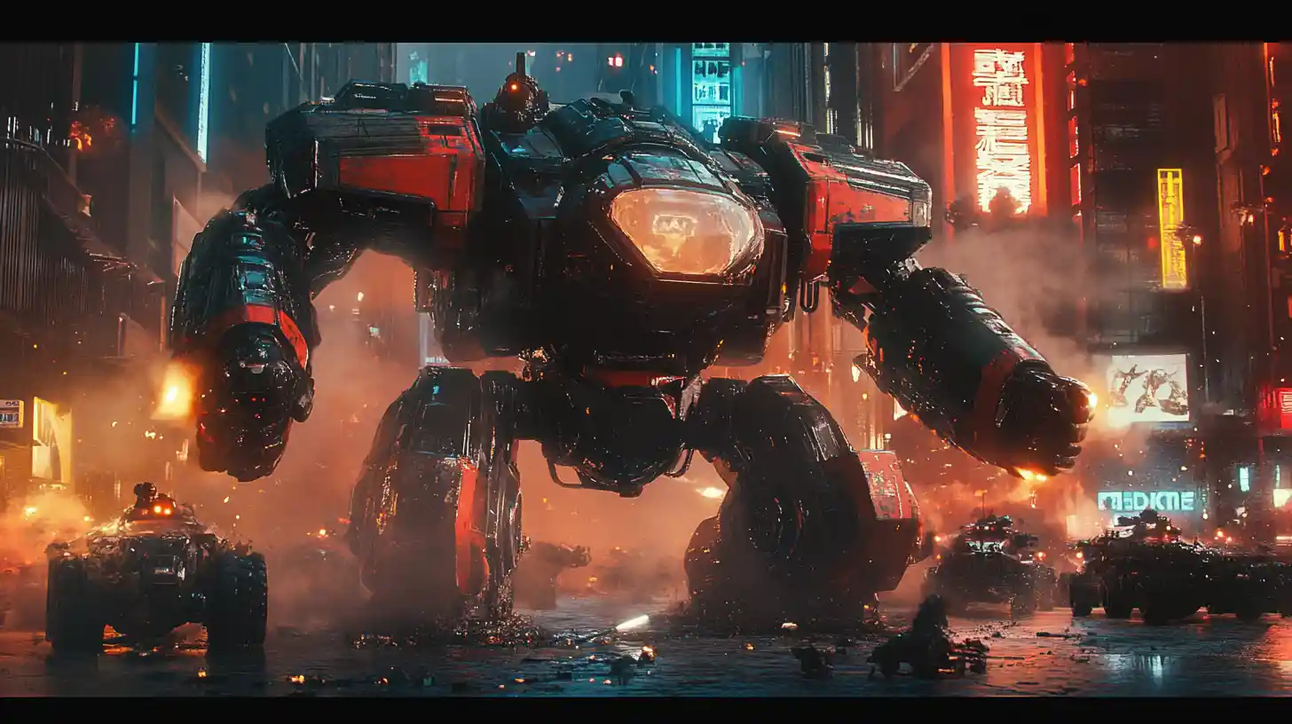 Armored sci fi mech crushing alien forces in city streets
