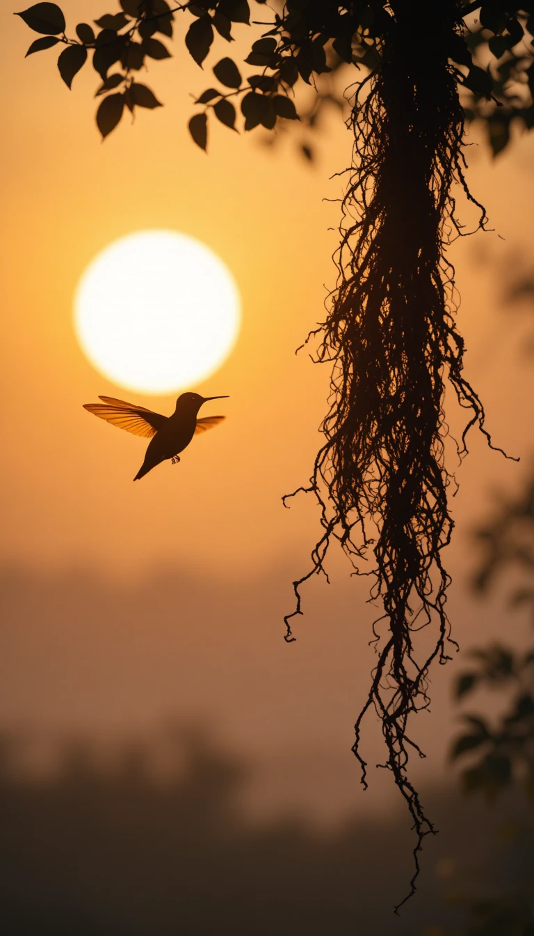 逆光哈瓦那蜂鳥剪影掠過溫暖夕陽霞光