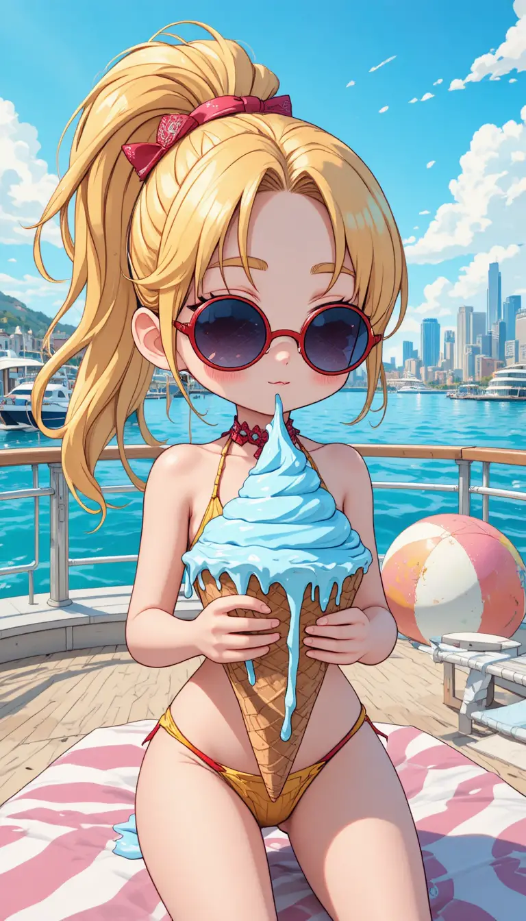 Blonde anime girl on yacht deck with melting ice cream