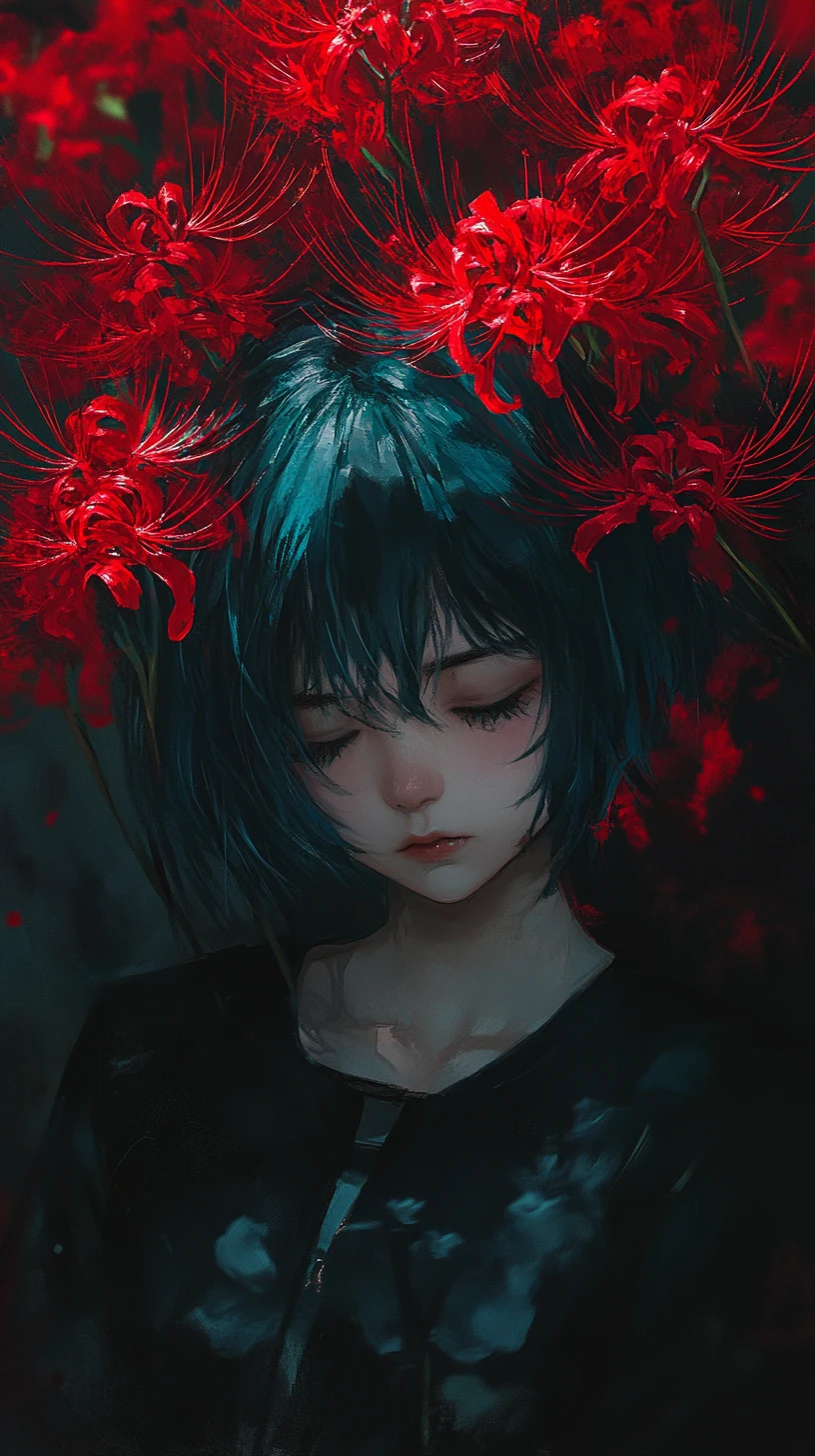 Blue haired anime girl surrounded by glowing red lilies