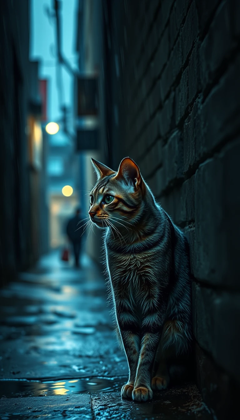 Chat de ruelle balafré avançant après la pluie