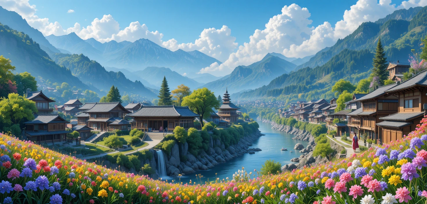 Villaggio giapponese tradizionale con montagne e campi di fiori