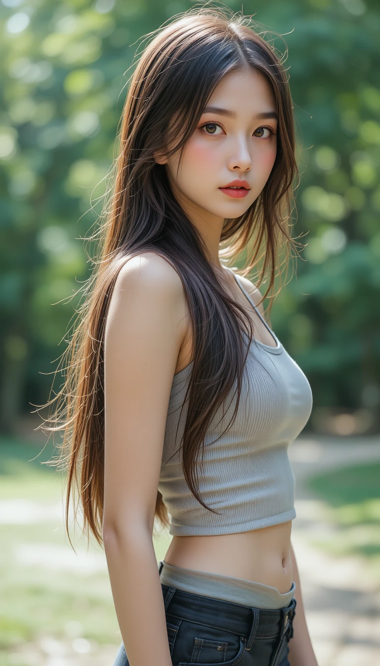 Young woman standing in tiny skirt in green city park