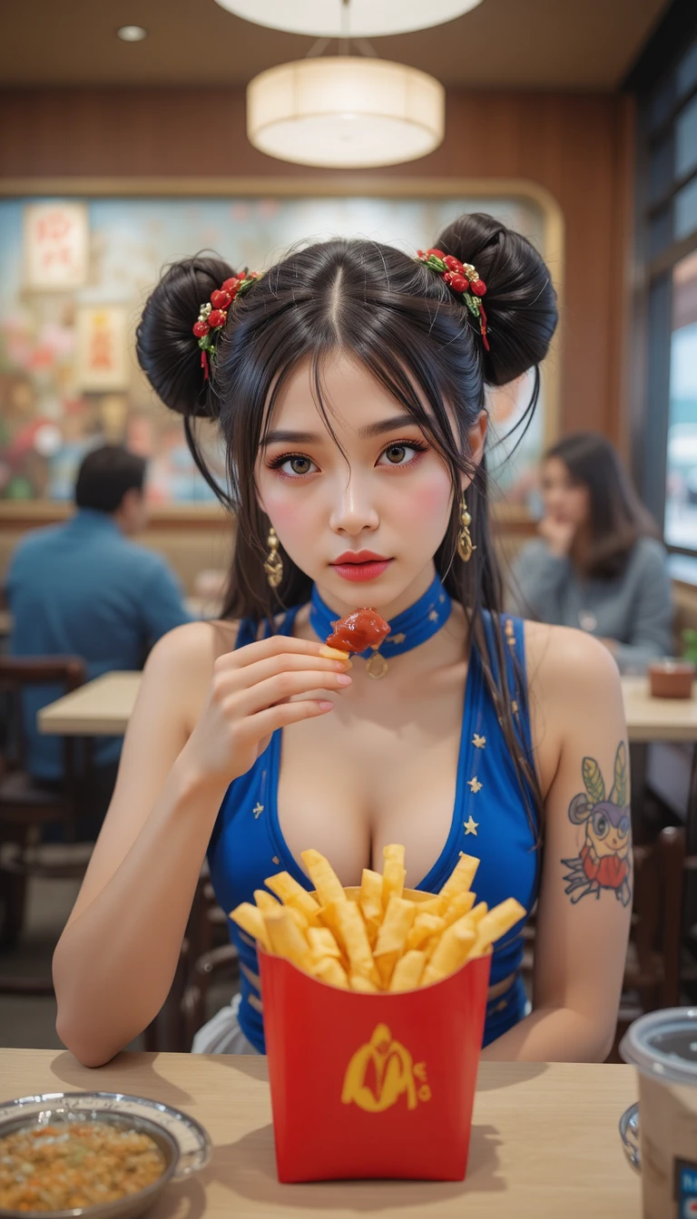 Girl in Chun Li cosplay offering fries at restaurant table