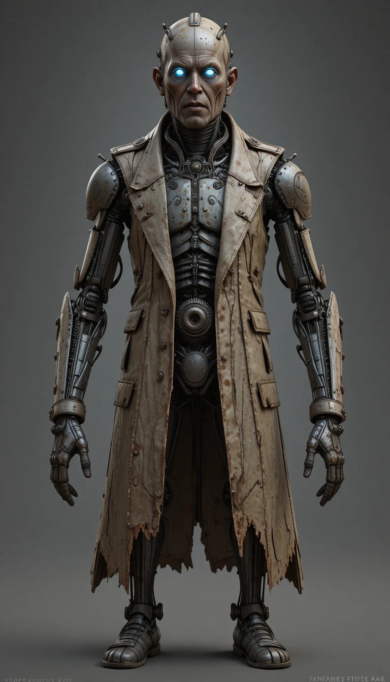 Rostiger humanoider Roboter im langen Mantel – Character Sheet