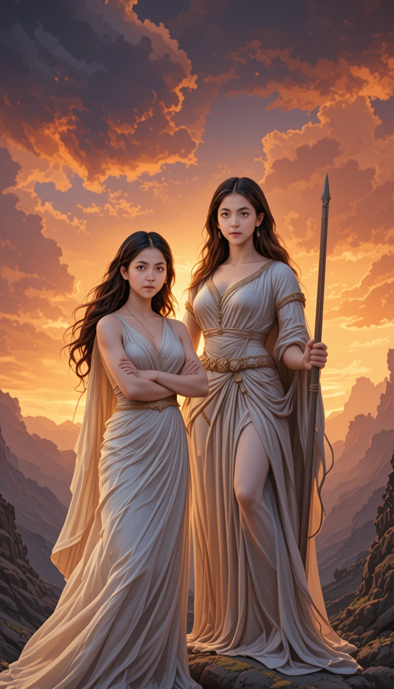 Angry goddess confronting armed goddess under stormy sunset sky