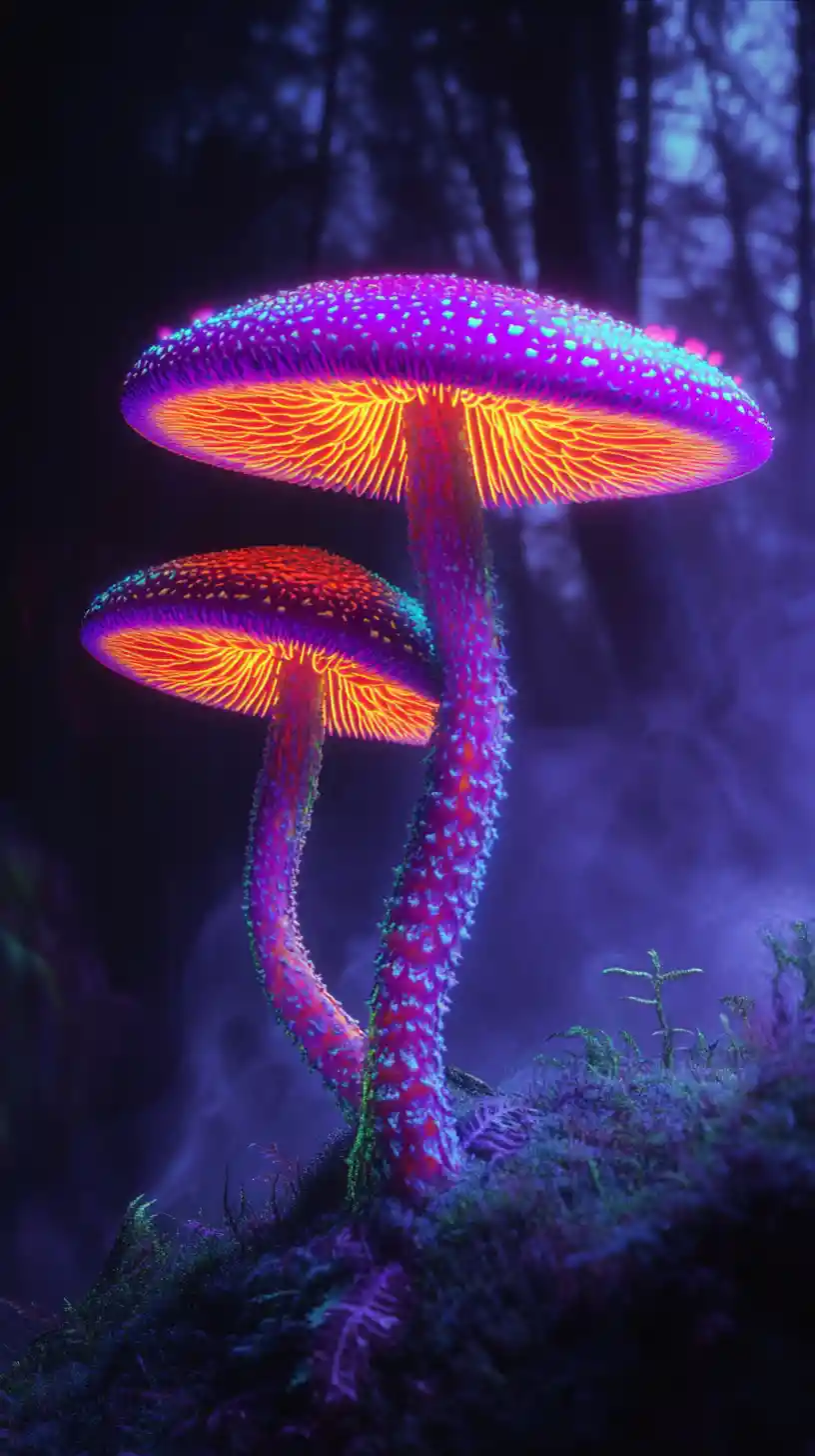 從黑暗森林陰影中升起的夢幻霓虹蘑菇