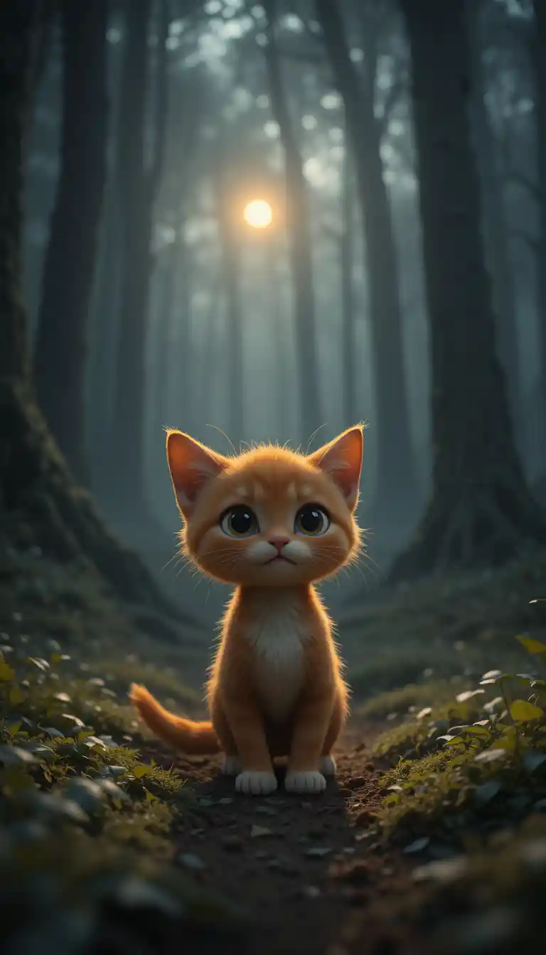 Gattino arancione in primo piano in una foresta scura e nebbiosa