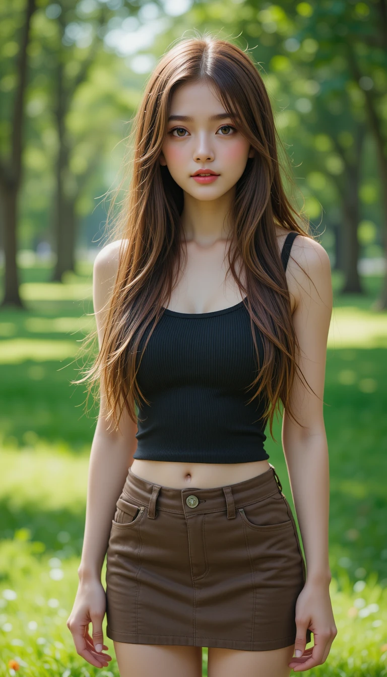 Young woman standing in a lush green park in summer outfit