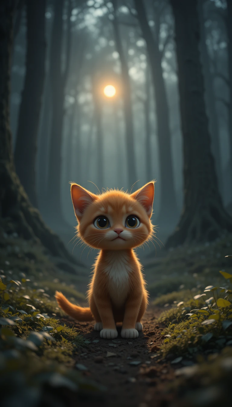 Orange kitten close up in a dark misty forest