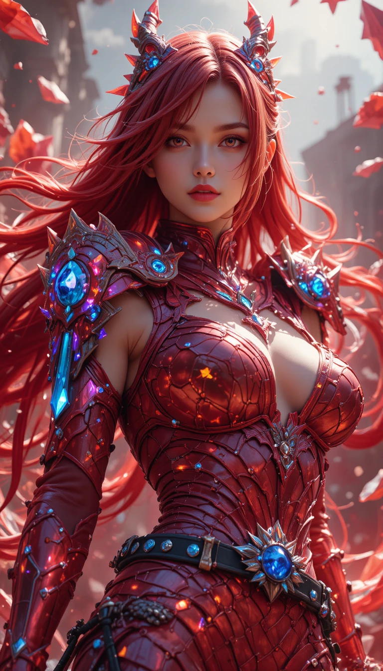 紅色水晶盔甲配武士刀的動漫女戰士