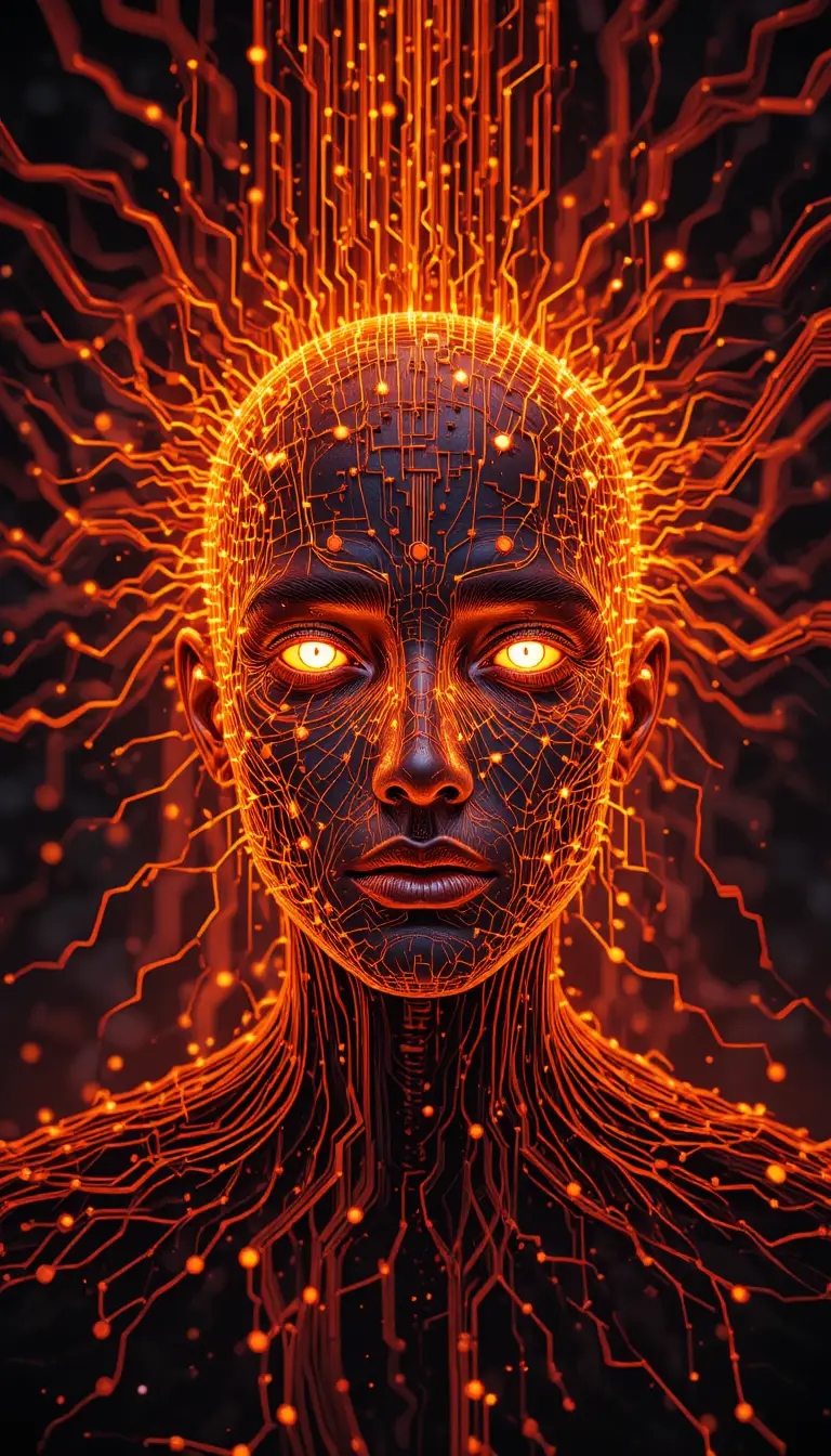 Glowing Human Head With Electric Circuitry On Dark Background