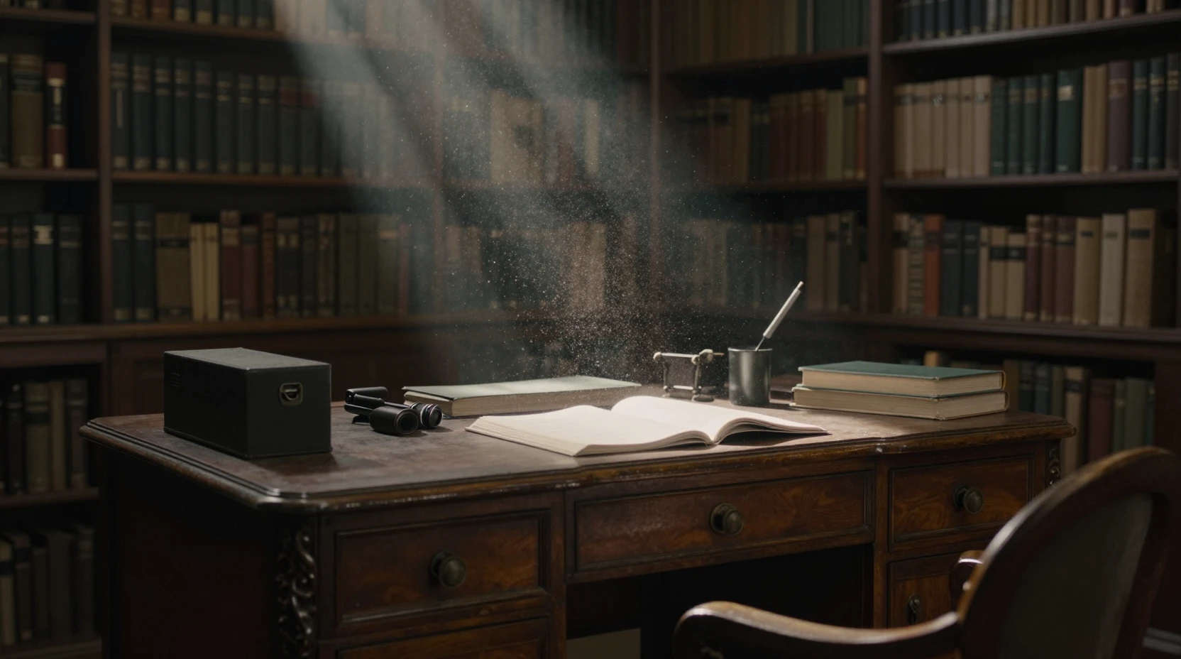 Scrivania polverosa in biblioteca in un tranquillo raggio di luce