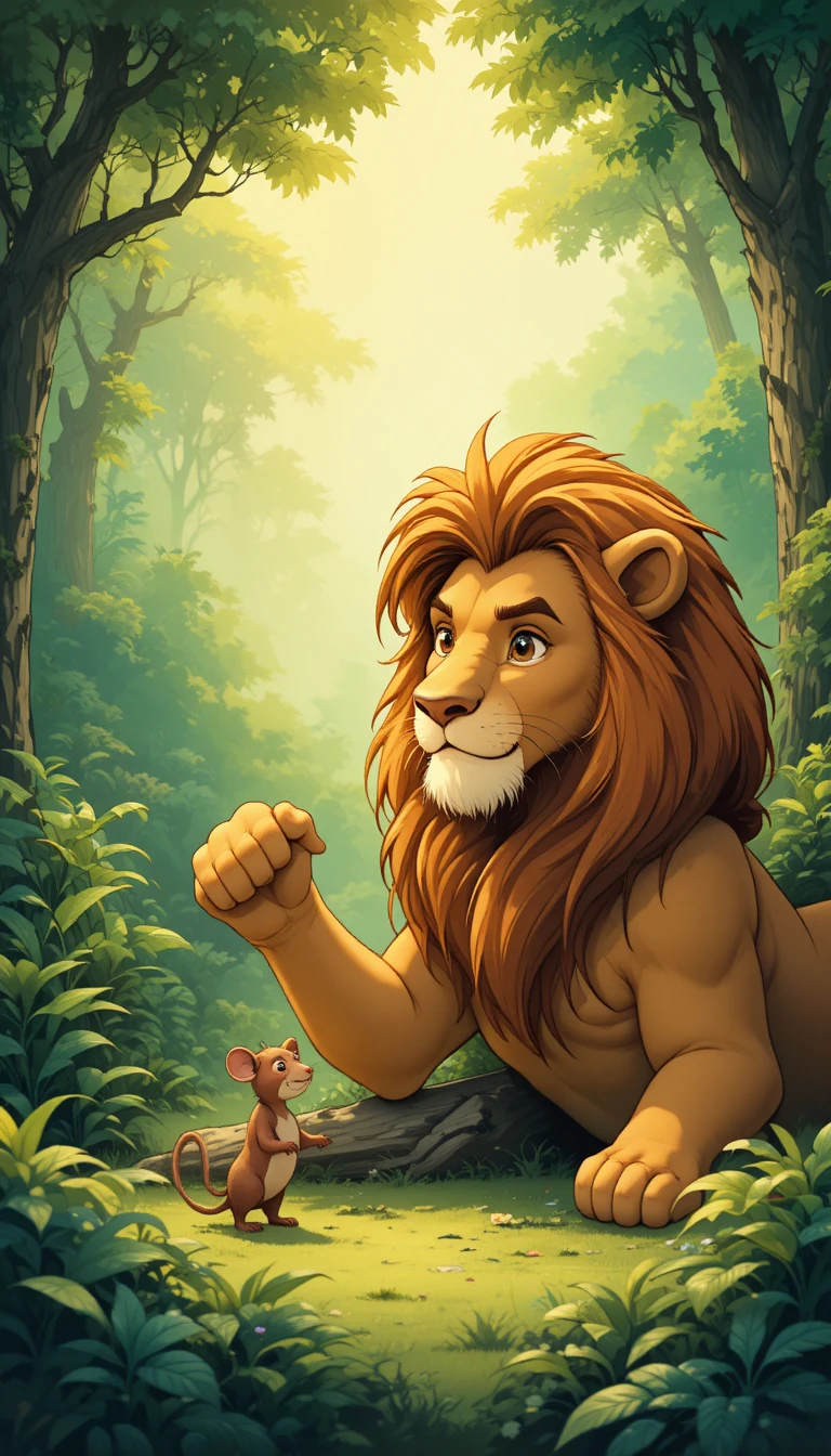 Gentle lion sparing a tiny mouse in a sunlit jungle