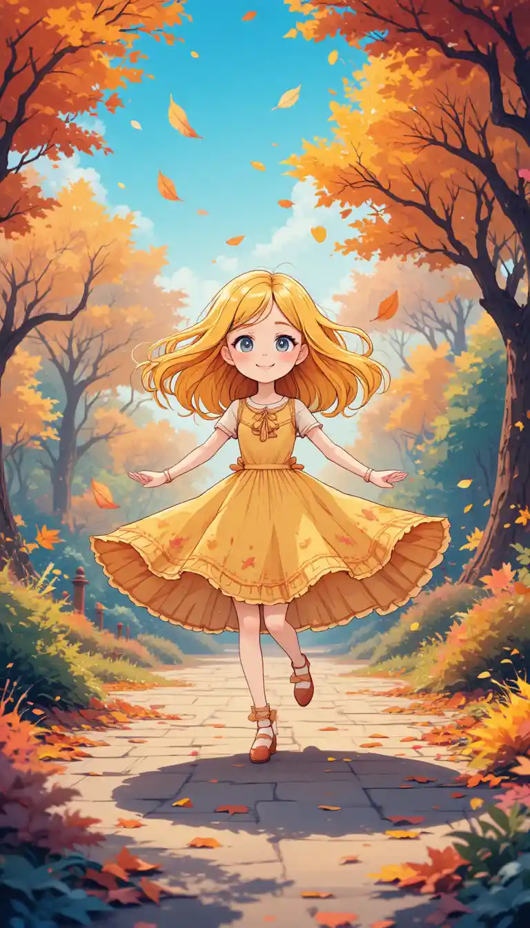 Cute anime girl twirling in a colorful autumn park