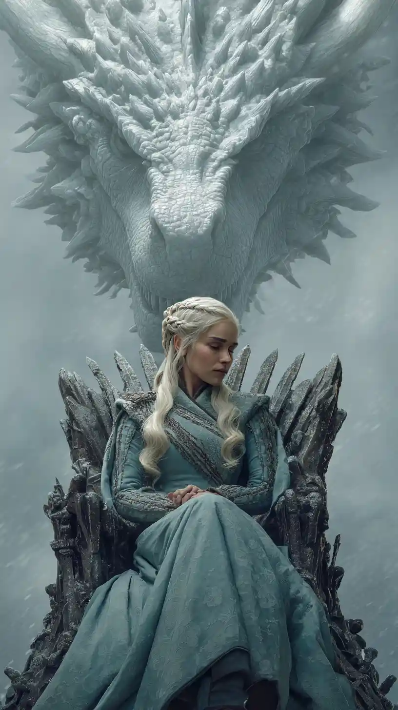 Woman on iron throne beneath a towering white dragon