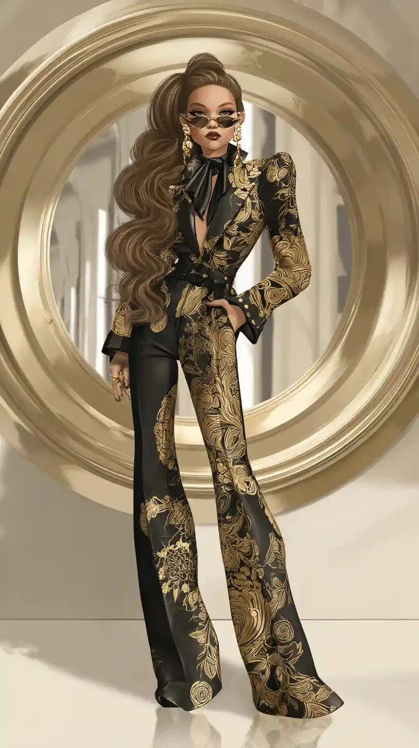 Glamorous fashion woman posing in a circular golden room