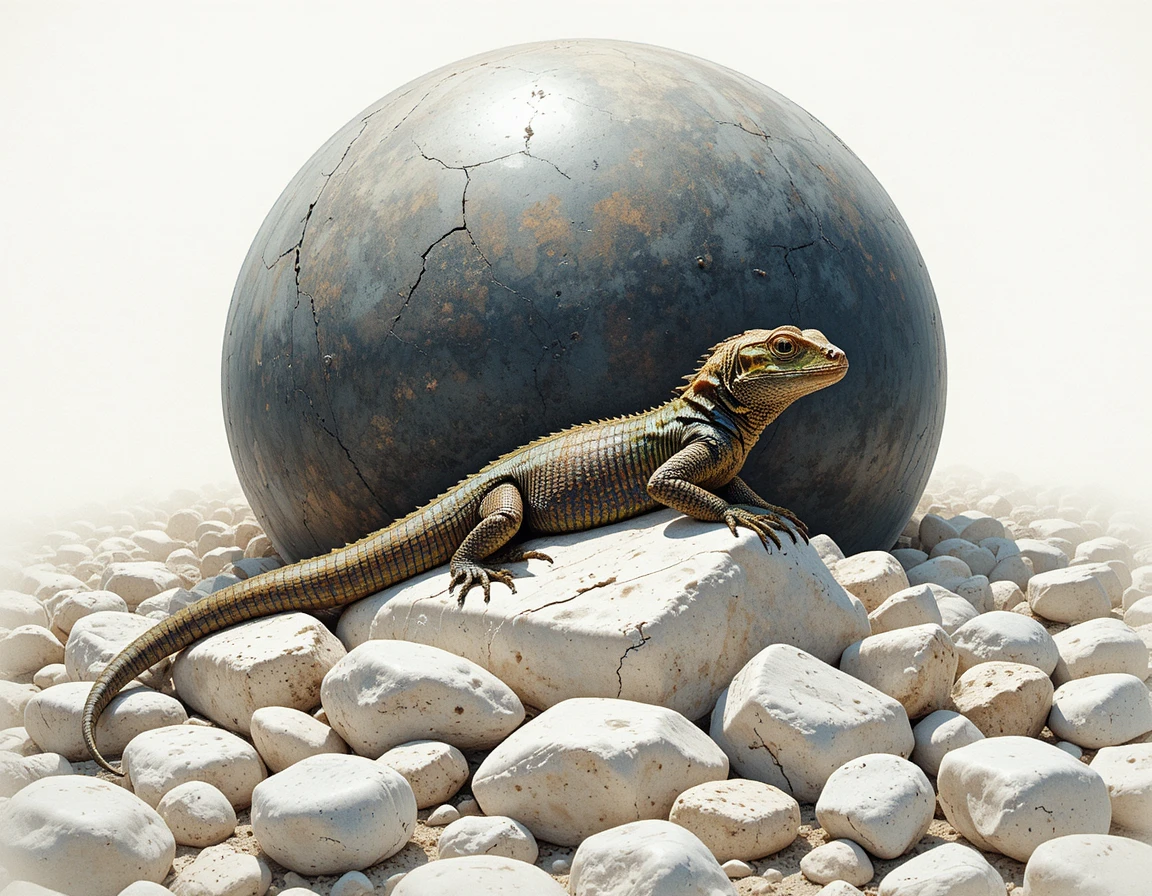 Petit lézard brun et vert sur des galets blancs au soleil