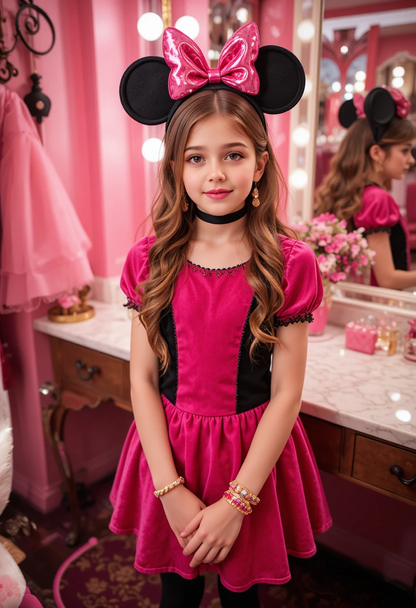 Tween boy in pink Minnie Mouse dress at boutique vanity