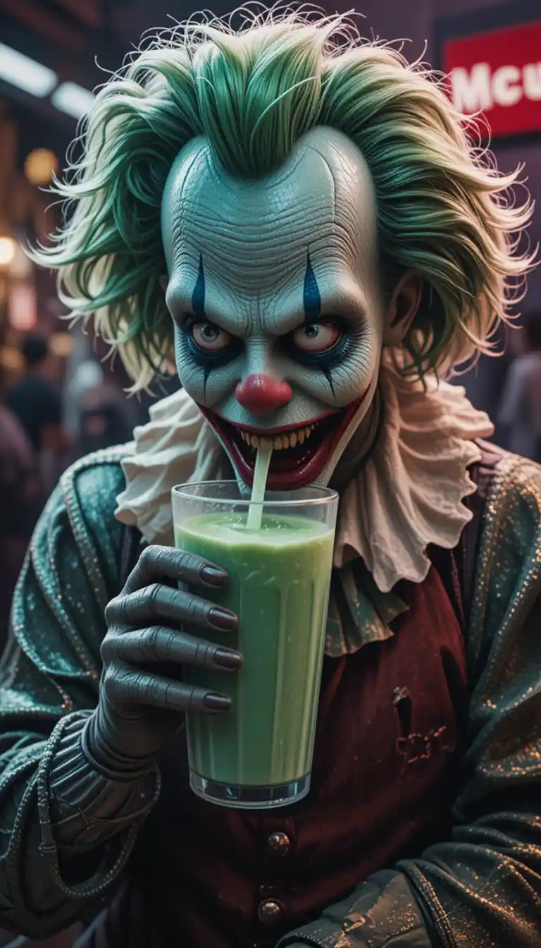 Unheimlicher grüner Clown trinkt Milchshake im Schnellrestaurant