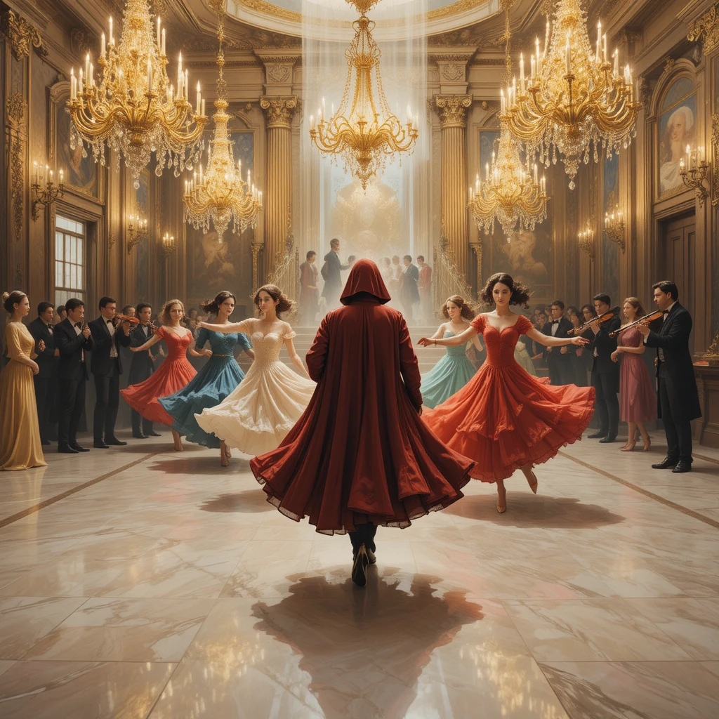 Lustres dorés au-dessus de danseurs masqués sur un sol en marbre poli
