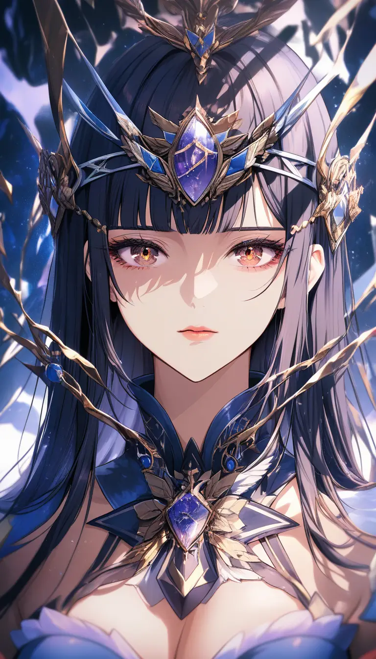 Close up anime girl face with dark straight hair