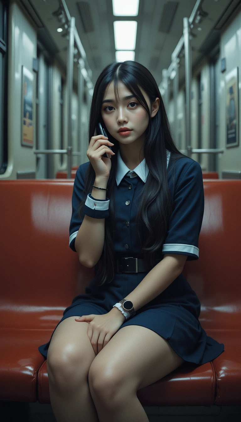静かな電車に乗る制服姿の若い女性