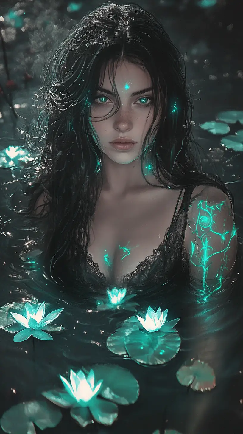 Ethereal gothic woman rising from a glowing dreamlike lake