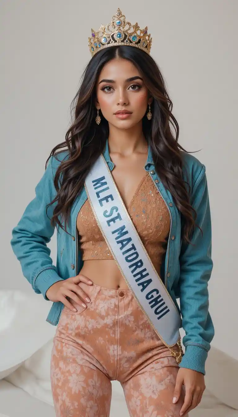 Confident beauty queen influencer in trendy full length portrait