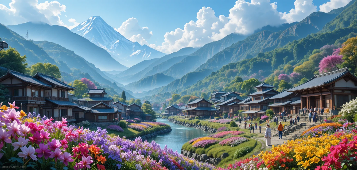 Idyllic Japanese mountain village with blooming flower fields