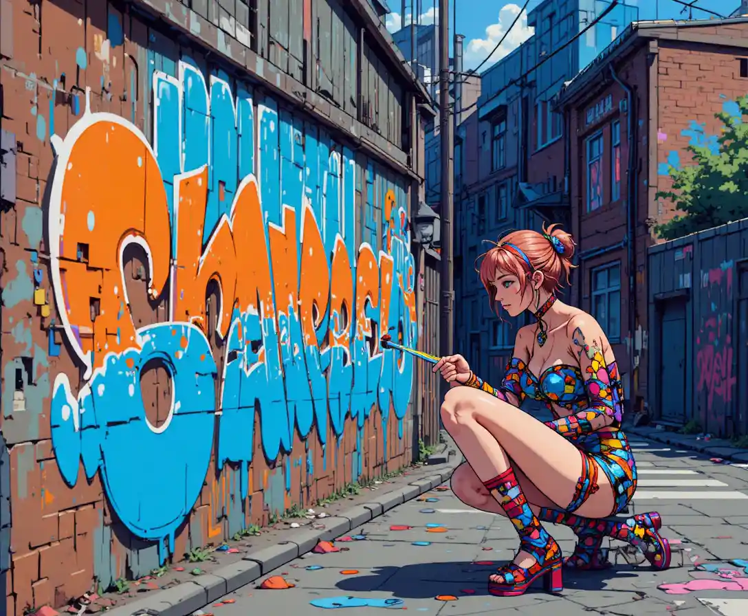 ピクセルアートの街角で描かれたアニメ少女のグラフィティ