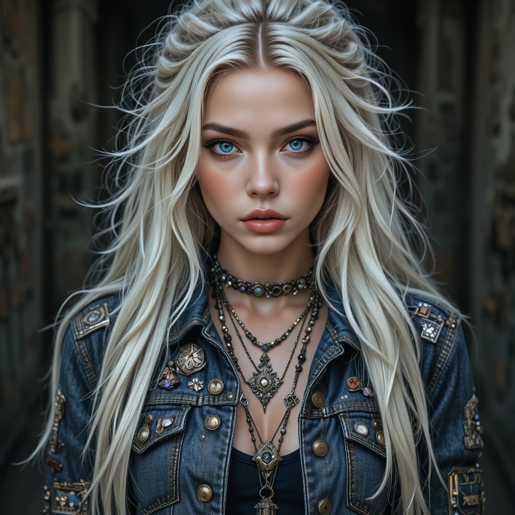 Rebellious platinum haired woman in patched denim jacket
