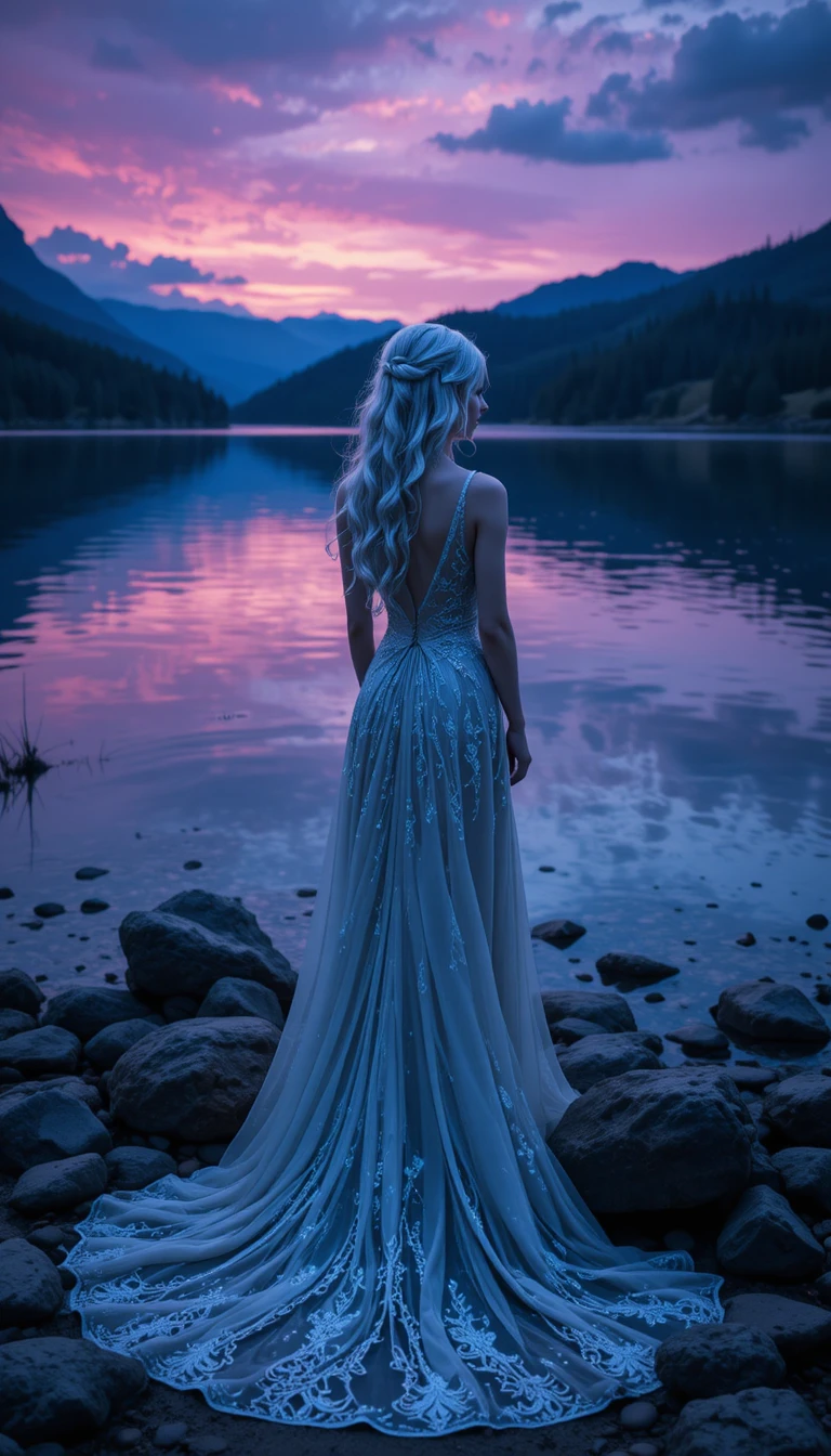 Young woman at twilight by a calm mountain lake