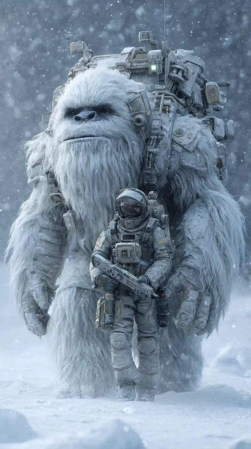 Cyber armored white yeti with human core diver companion