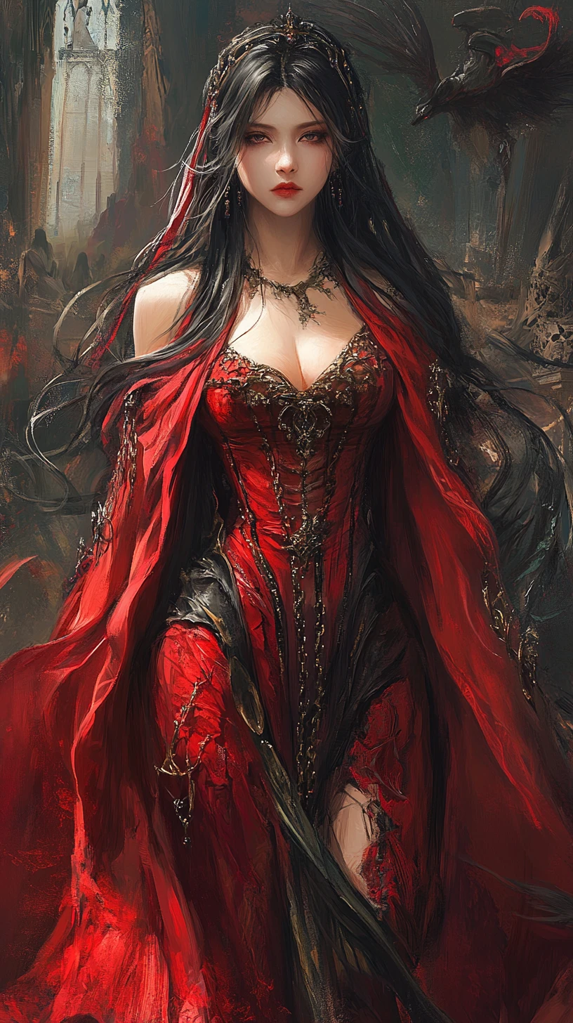 Victorian huntress in chains adorned gown before cathedral