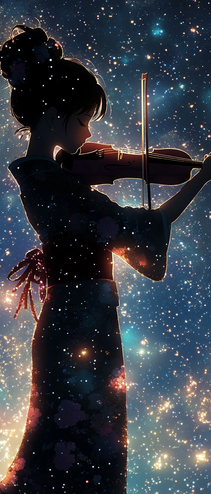 星空下拉小提琴的日本女孩