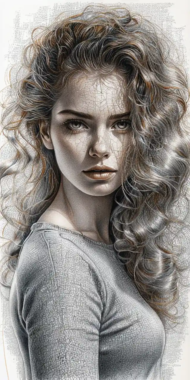 Portrait au graphite d’une jeune femme aux cheveux sauvagement balayés par le vent