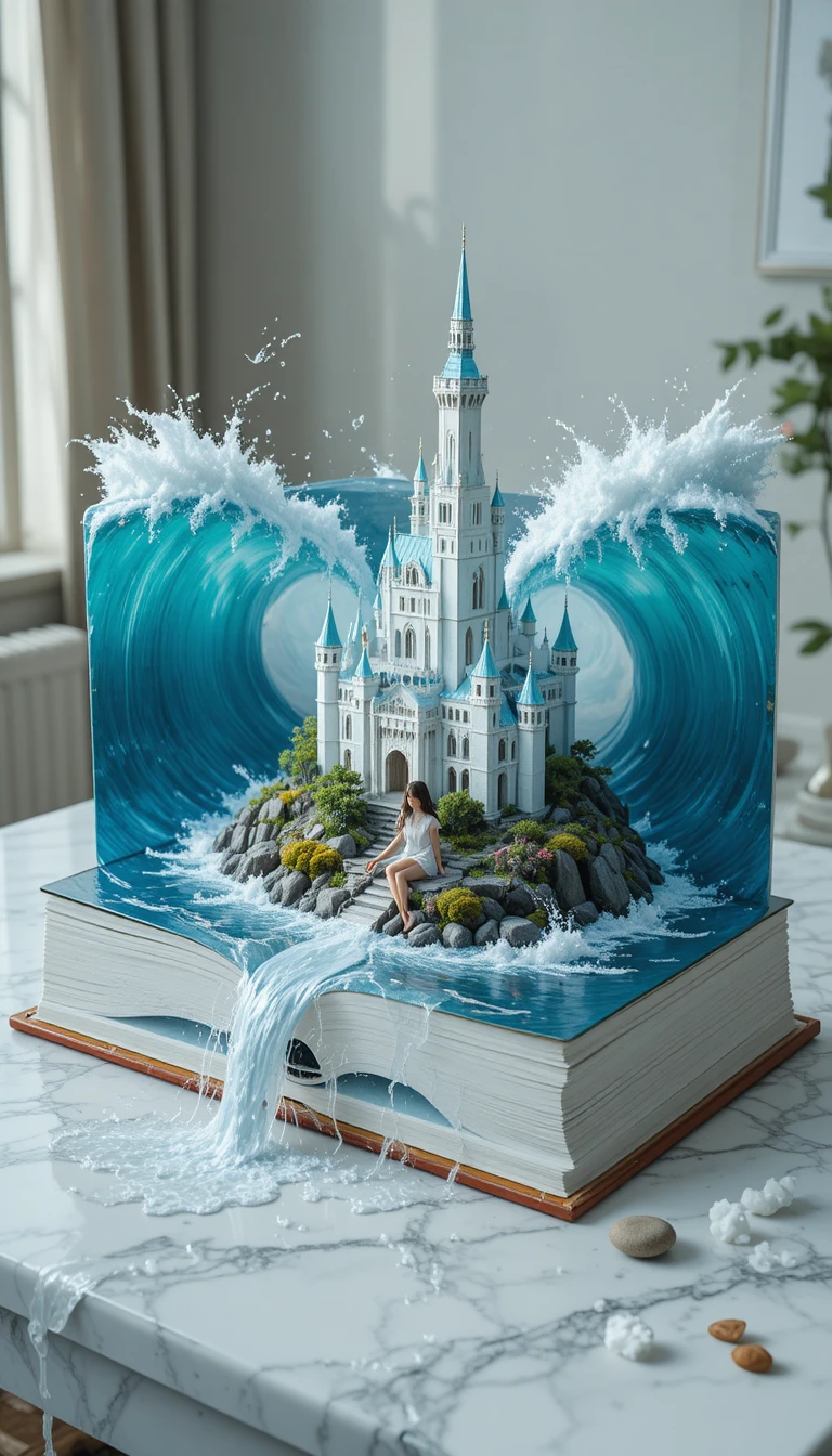 Surreale isometrische Buchwelt mit Schloss und steigendem Wasser