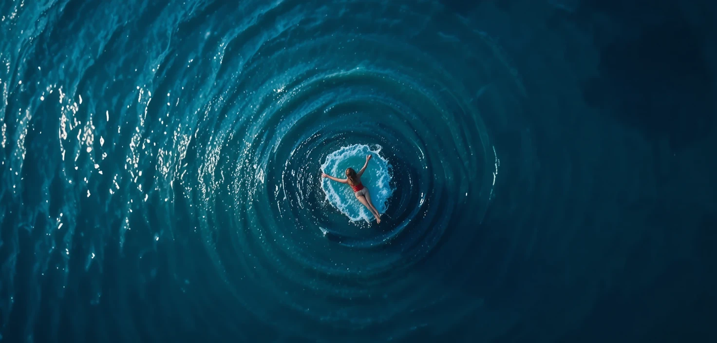 Aerial view of a woman swimming in deep blue ocean